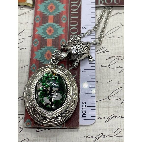 Green Turtle Opal Silver Nautical Beach Mermaid Photo Locket Necklace Valentines - Picture 13 of 16